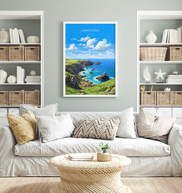 Lands End Travel Poster Wall Art, Travel Print of Lands End, England, Cornwall Art Lovers Gift, Wall Art Print