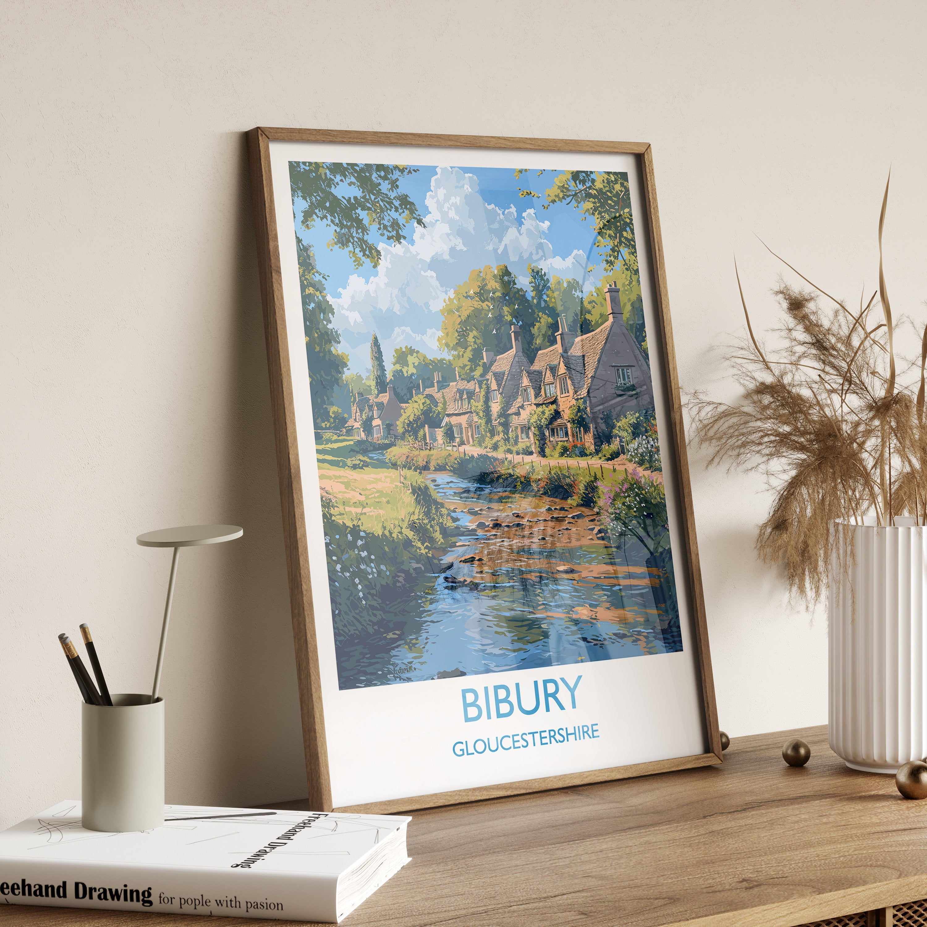 Bibury Travel Poster, Travel Print of Bibury, Gloucestershire Cotswolds Gift, England, Bibury Art Lovers Gift, Wall Art Print NQ Media Designs