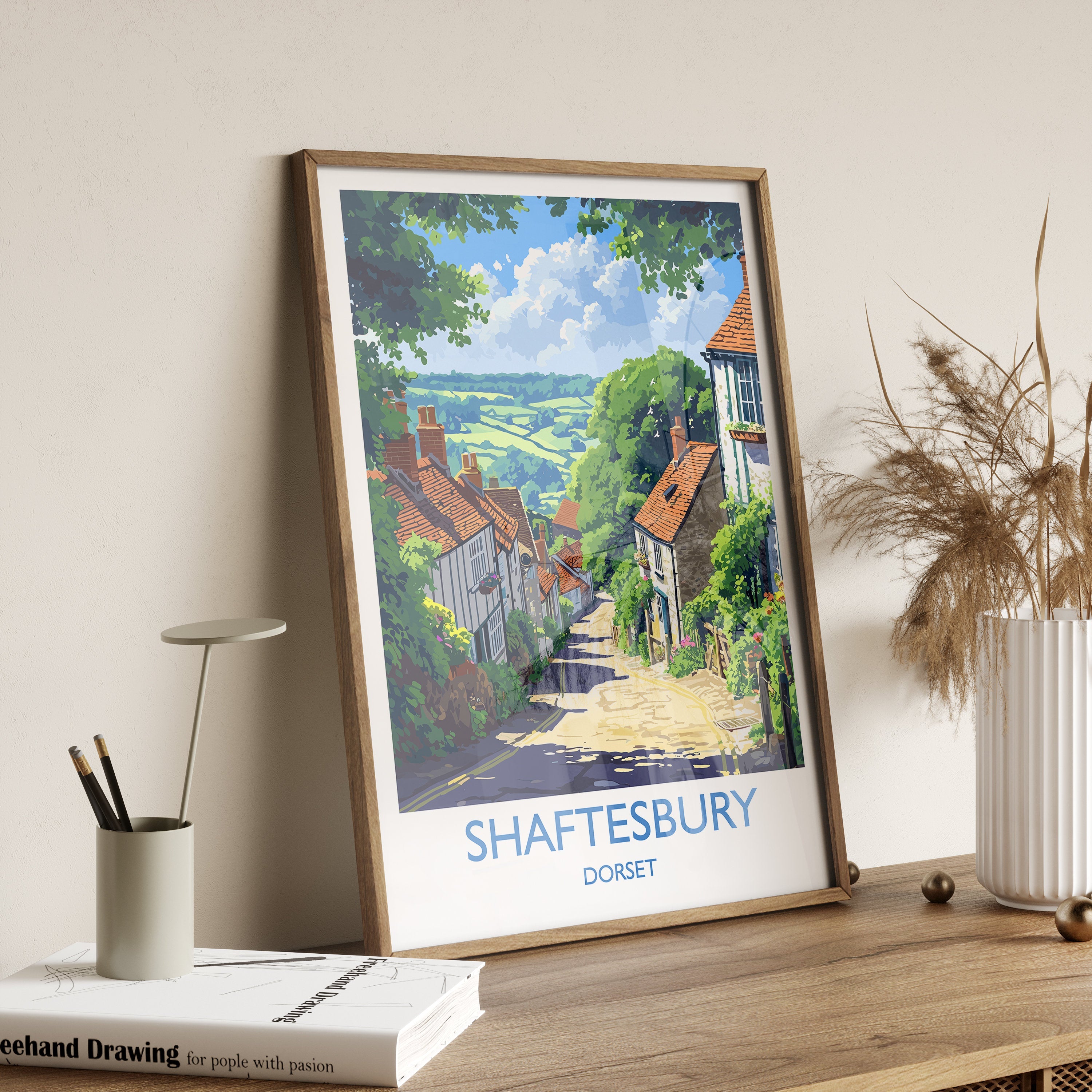 Shaftesbury Travel Poster Wall Art, Travel Print of Shaftesbury, England, Dorset Coast Art Lovers Gift, Shaftesbury Wall Decor NQ Media Designs