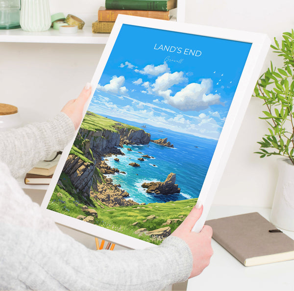 Lands End Travel Poster Wall Art, Travel Print of Lands End, England, Cornwall Art Lovers Gift, Wall Art Print