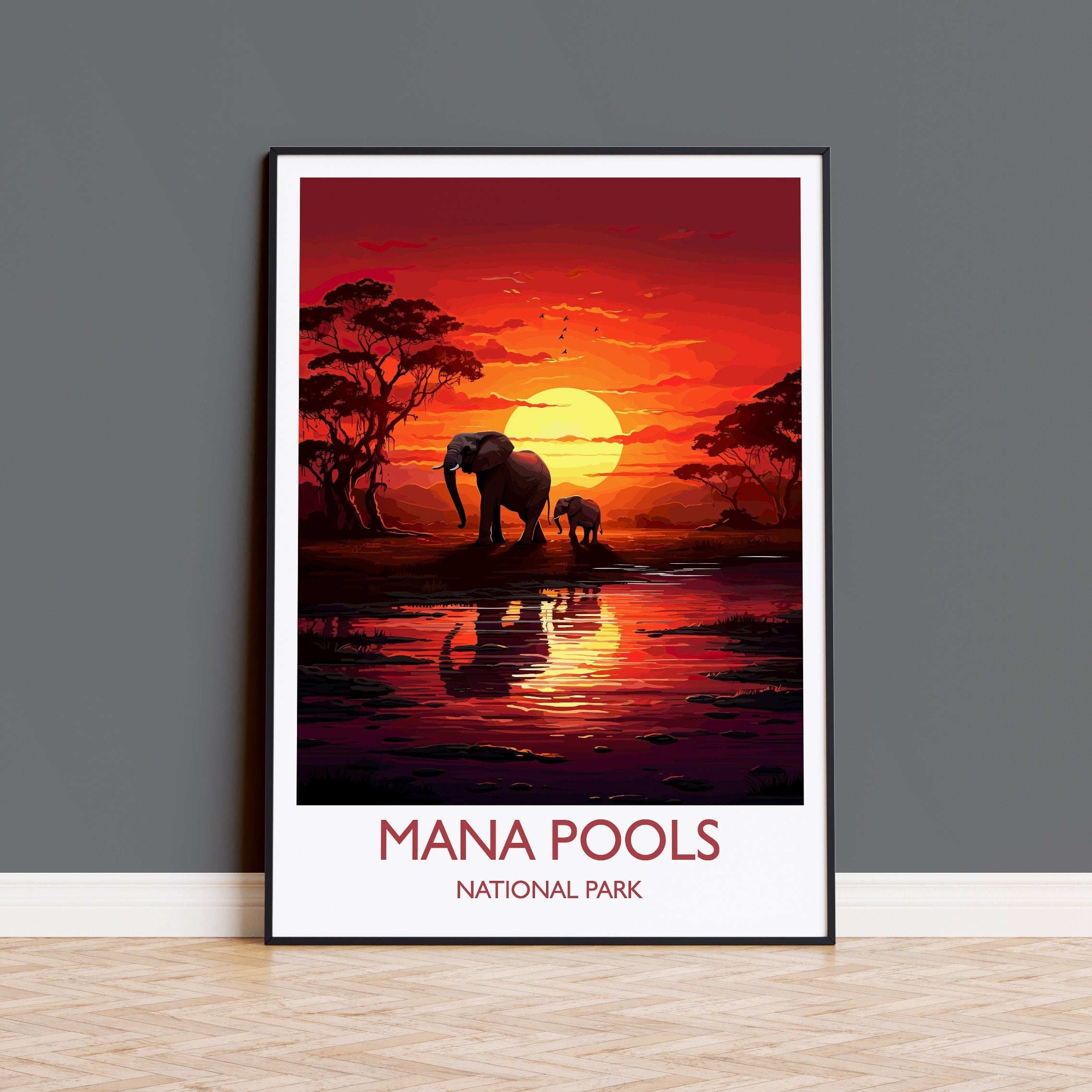 Mana Pools Travel Print Wall Art, Travel Poster of Mana Pools, Zimbabwe Gift, Mana Pools National Park Sunset Africa Art Gift NQ Media Designs