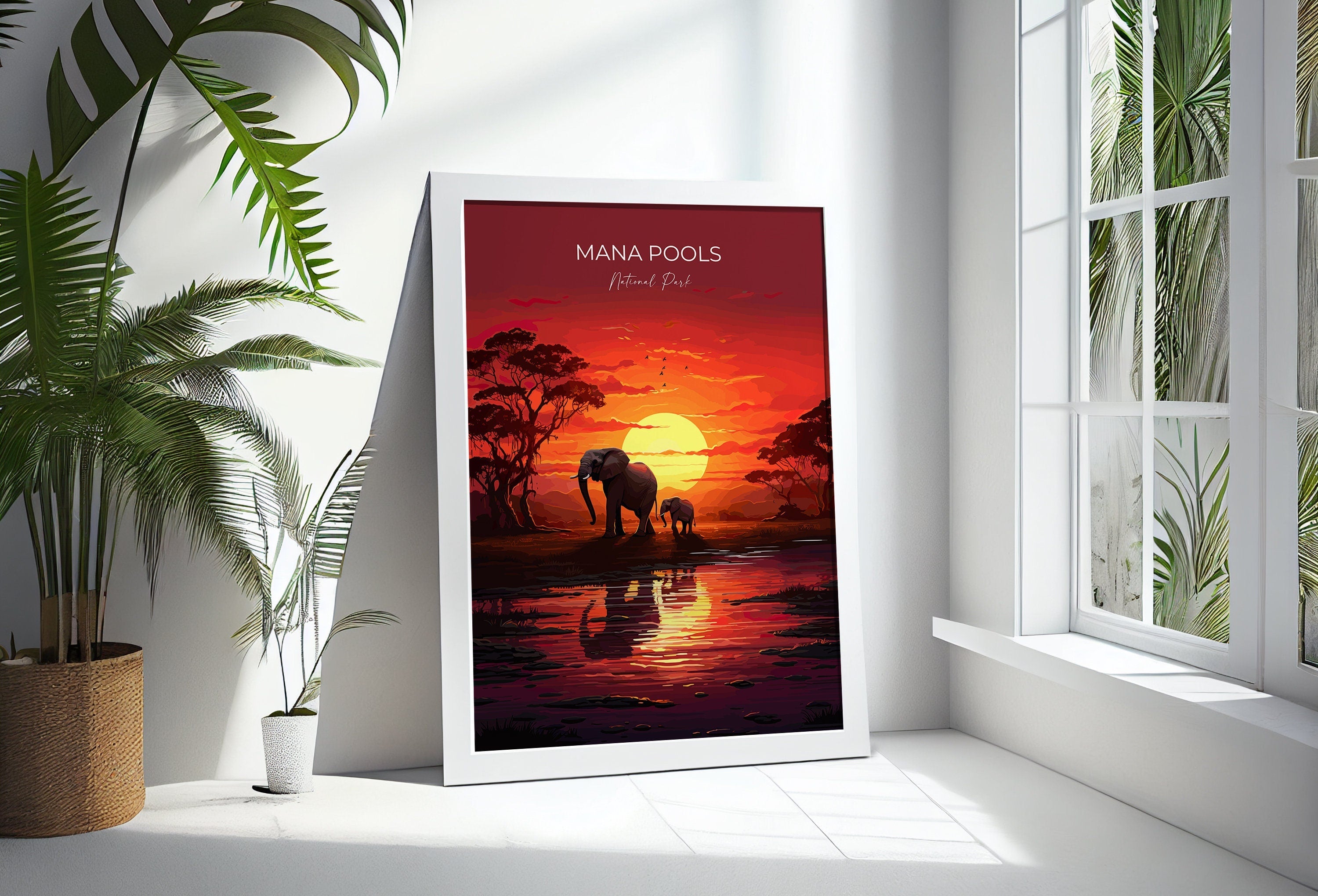 Mana Pools Travel Poster Wall Art, Travel Print of Mana Pools, Zimbabwe Gift, Mana Pools National Park Sunset Africa Art Gift NQ Media Designs