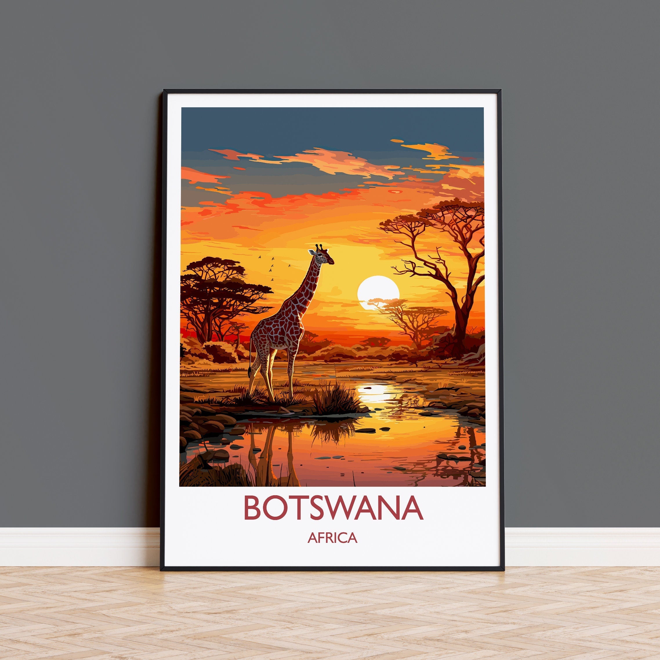 Botswana Travel Print, Travel Poster of Botswana, Botswana Gift, Botswana Sunset Africa, Africa Art Lovers Gift, Wall Art Print NQ Media Designs