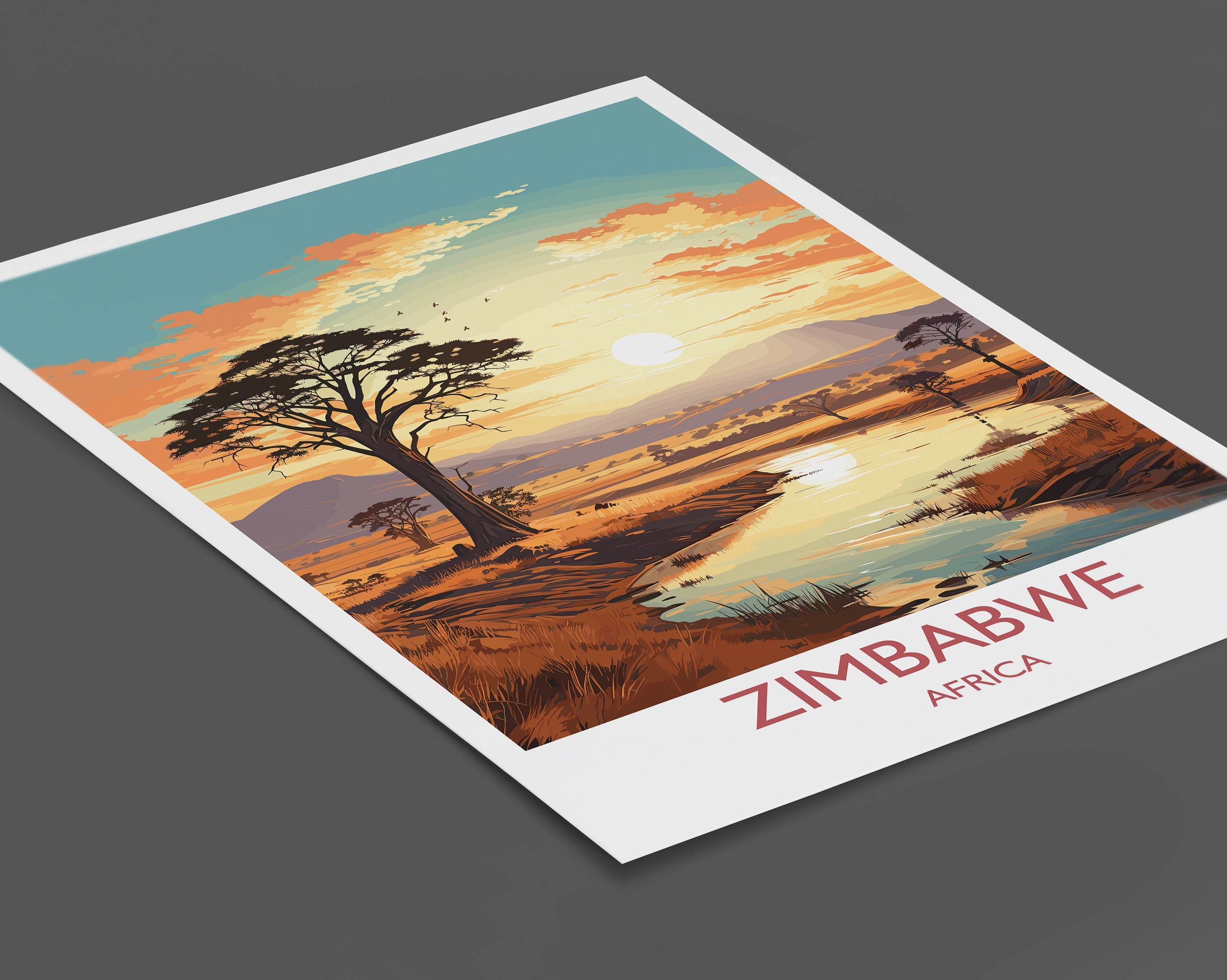Zimbabwe Travel Poster Wall Art, Travel Poster of Zimbabwe Sunset, Zimbabwe Gift, Zimbabwe Travel Art, Africa Art Lovers Gift, NQ Media Designs