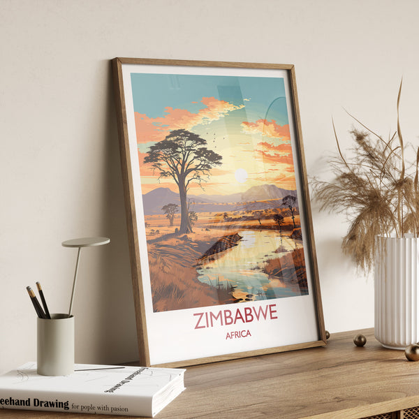 Zimbabwe Travel Poster Wall Art, Travel Poster of Zimbabwe Sunset, Zimbabwe Gift, Zimbabwe Travel Art, Africa Art Lovers Gift,
