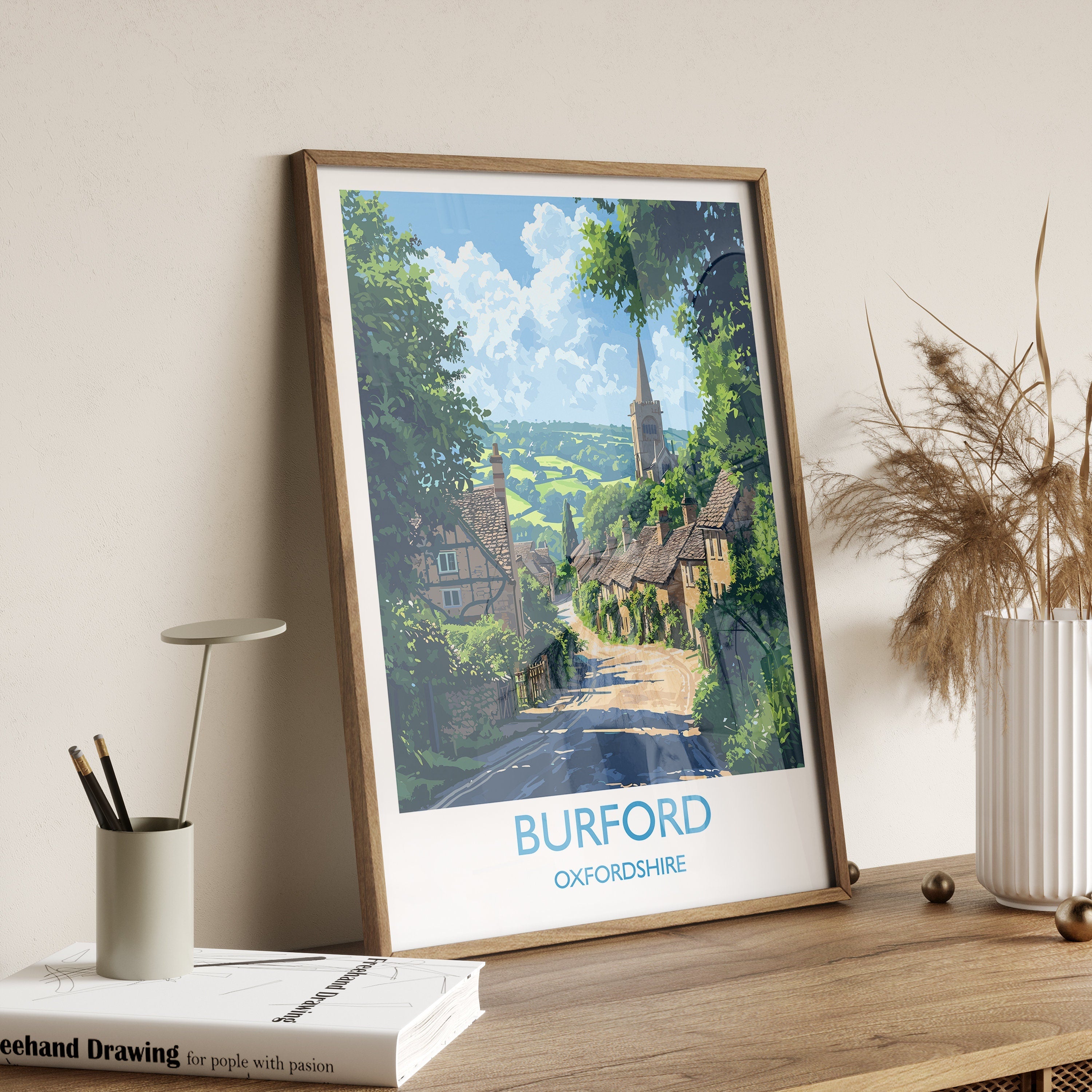 Burford Travel Poster, Travel Print of Burford, Oxfordshire Gift, England, Burford Art Lovers Gift, Wall Art Print NQ Media Designs