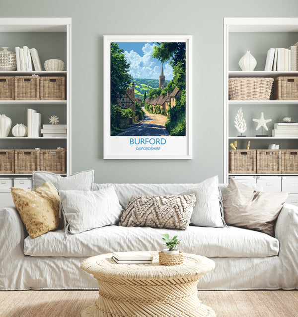 Burford Travel Poster, Travel Print of Burford, Oxfordshire Gift, England, Burford Art Lovers Gift, Wall Art Print