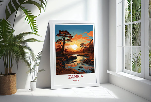 Zambia Travel Poster Wall Art, Travel Poster of Zambia Sunset, Zambia Gift, Zambia Travel Art, Africa Art Lovers Gift,