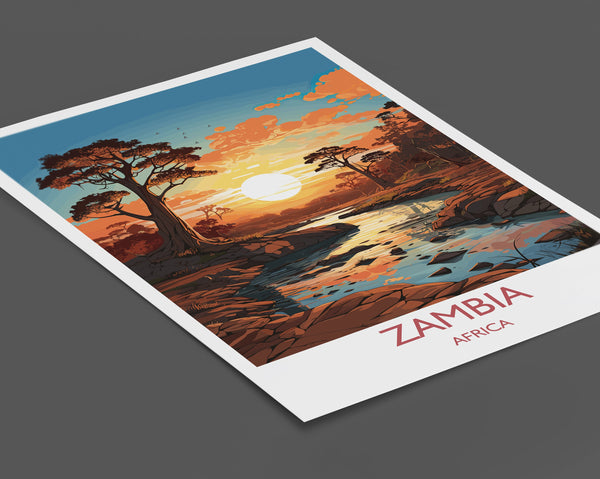 Zambia Travel Poster Wall Art, Travel Poster of Zambia Sunset, Zambia Gift, Zambia Travel Art, Africa Art Lovers Gift,