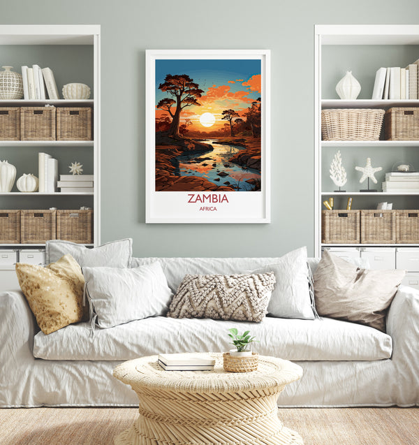 Zambia Travel Poster Wall Art, Travel Poster of Zambia Sunset, Zambia Gift, Zambia Travel Art, Africa Art Lovers Gift,