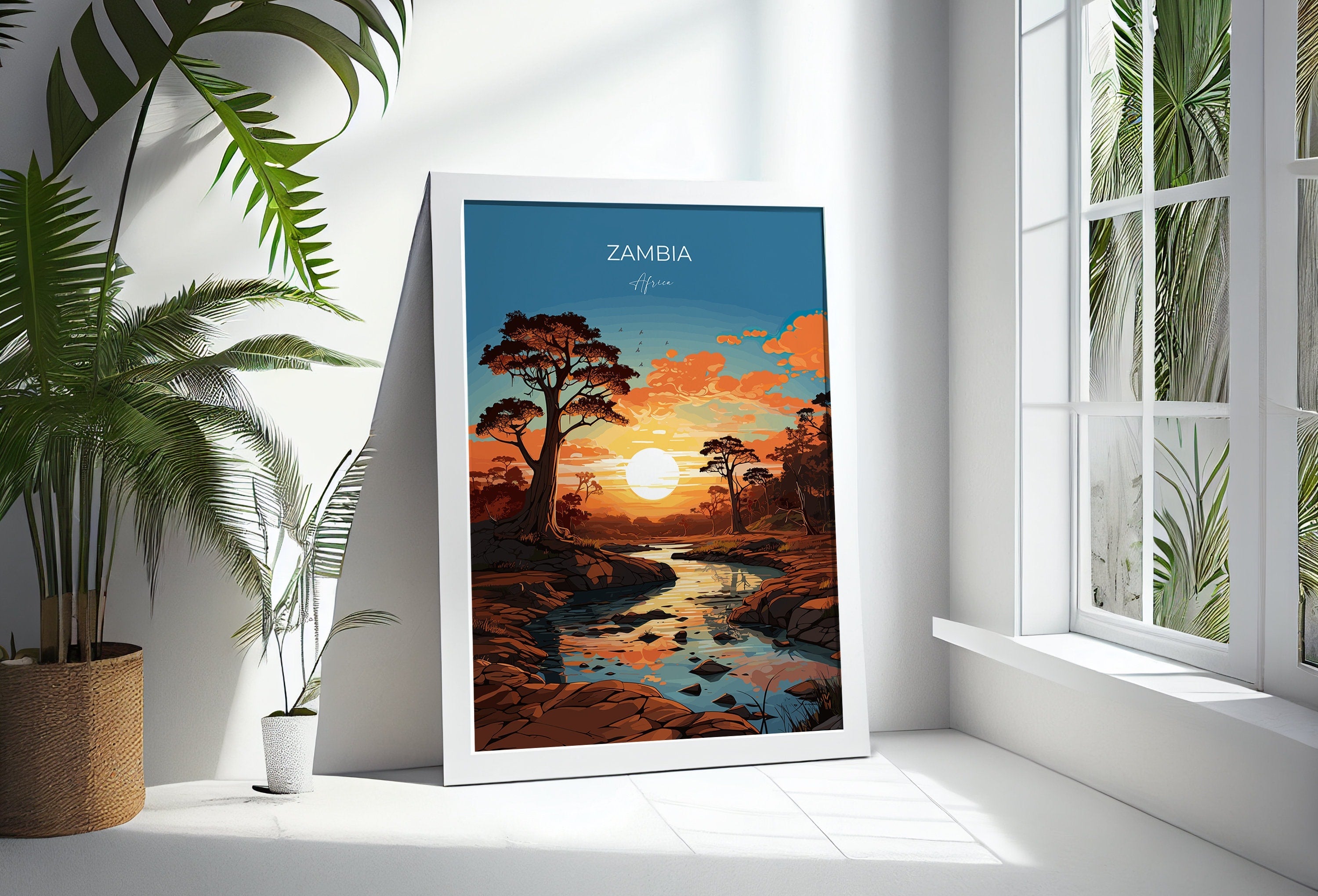 Zambia Travel Poster Wall Art, Travel Print of Zambia Sunset, Zambia Gift, Zambia Travel Art, Africa Art Lovers Gift, NQ Media Designs