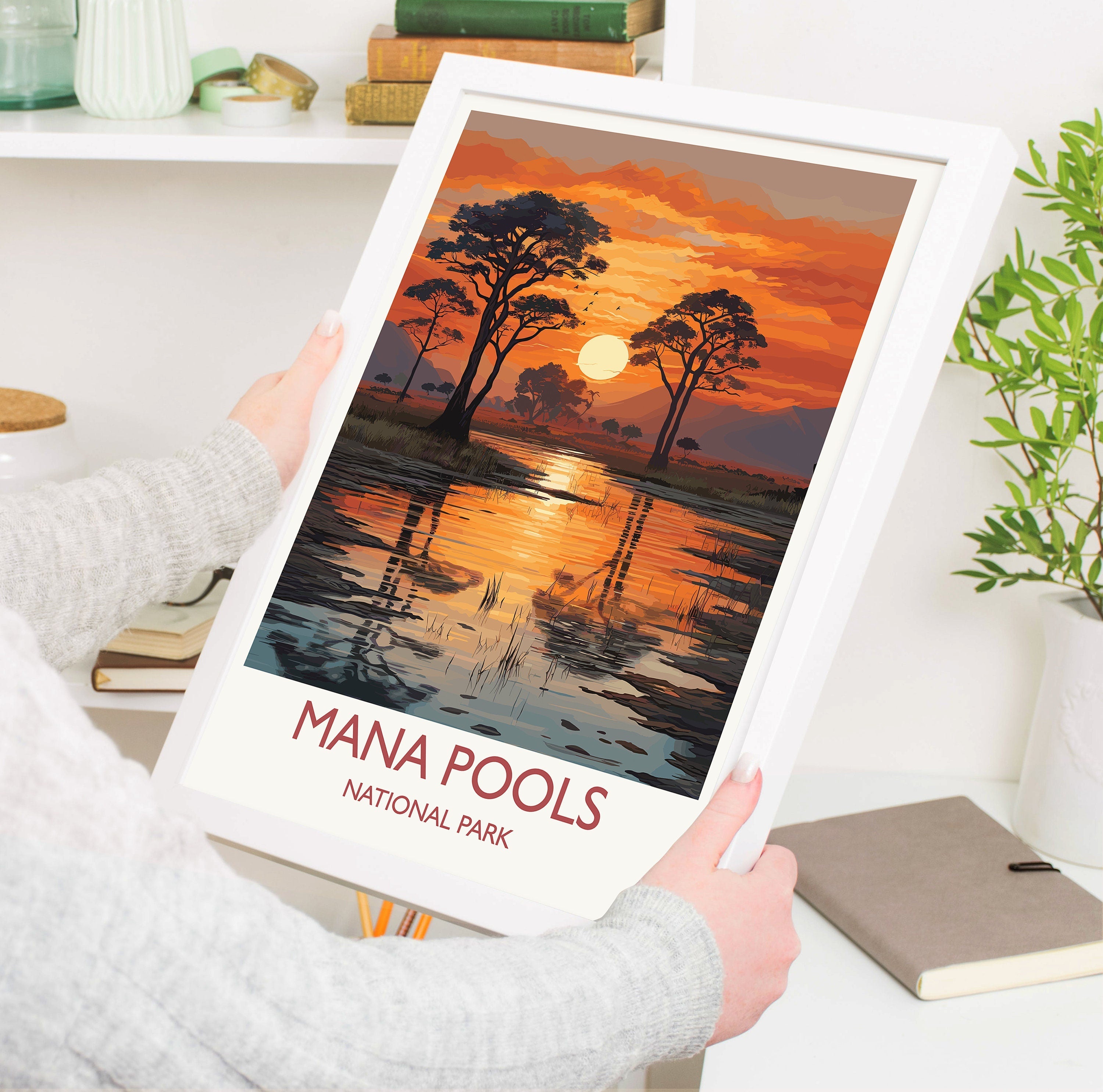 Mana Pools Travel Print Wall Art, Travel Poster of Mana Pools, Zimbabwe Gift, Mana Pools National Park Sunset Africa Art Gift NQ Media Designs