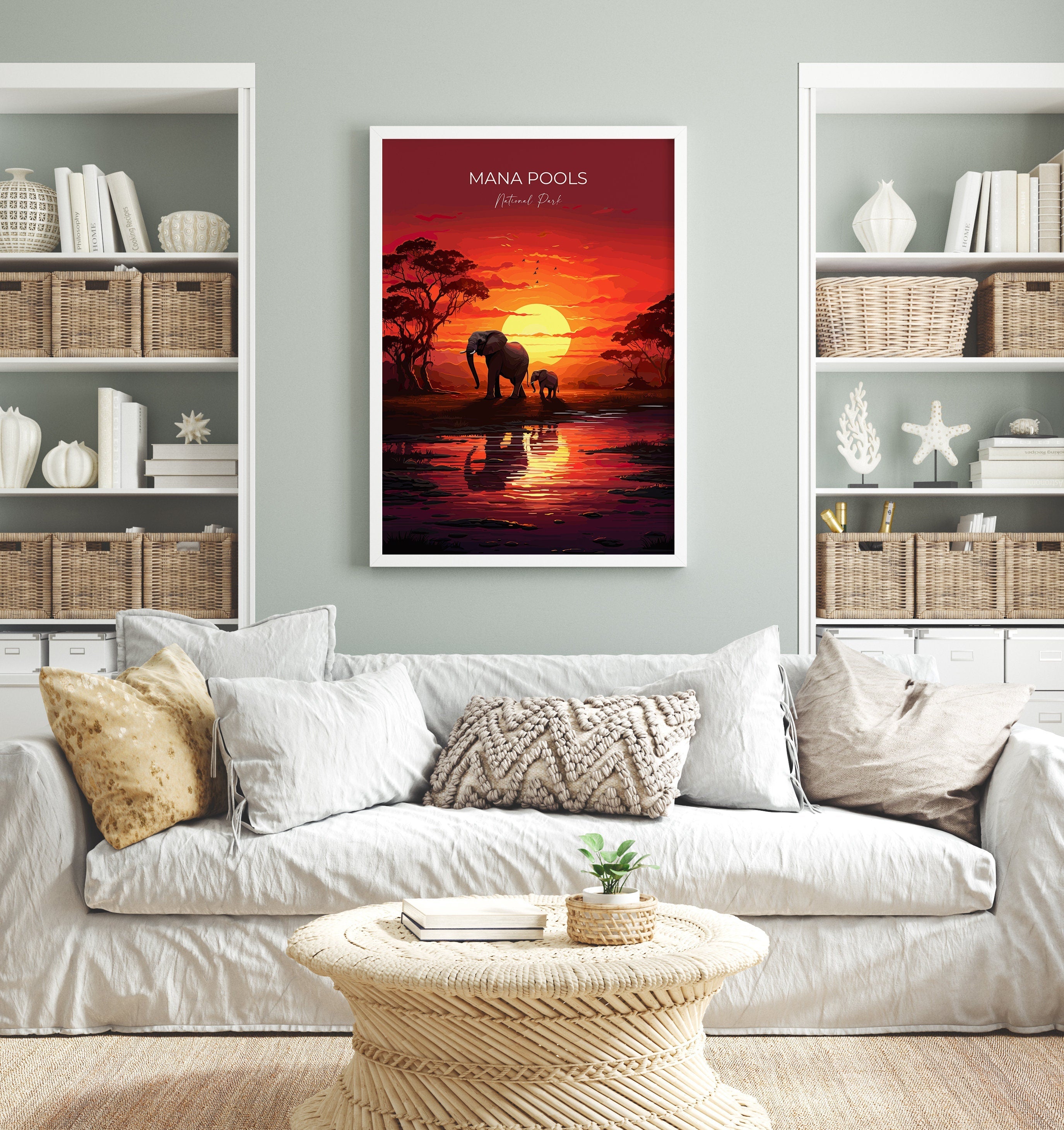 Mana Pools Travel Poster Wall Art, Travel Print of Mana Pools, Zimbabwe Gift, Mana Pools National Park Sunset Africa Art Gift NQ Media Designs