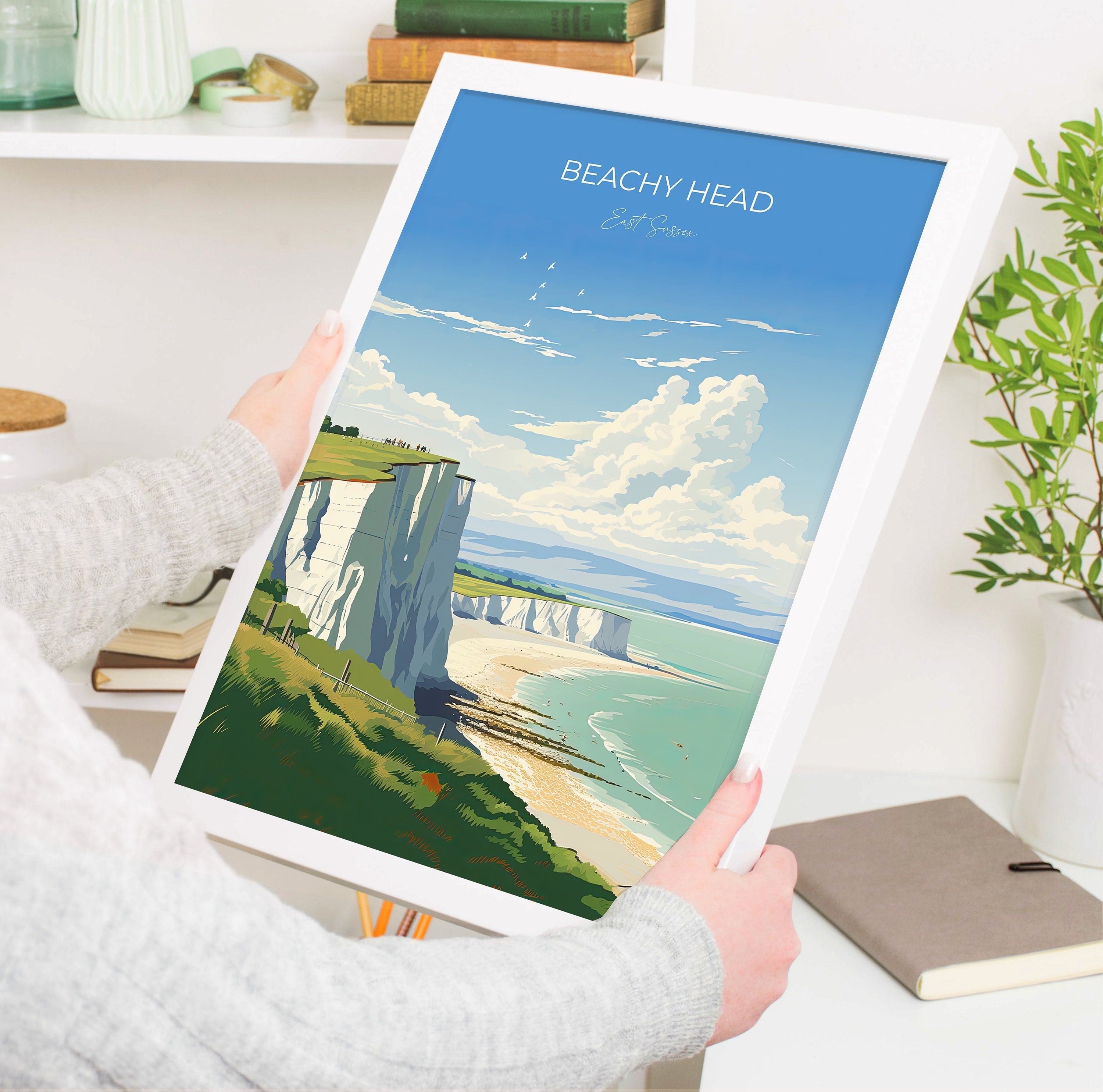 Beachy Head Travel Print Wall Art, Beachy Head Travel Poster, East Sussex, English Coastal Art lovers Gift, White Cliffs Gift NQ Media Designs