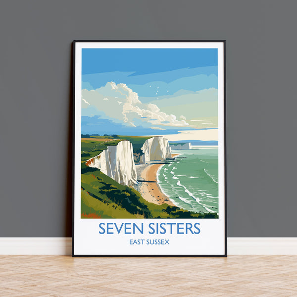 Seven Sisters Travel Poster Wall Art, Seven Sisters Travel Print, East Sussex, English Coastal Art, Seven Sisters Gift, Art Lovers Gift