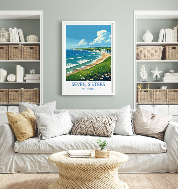Seven Sisters Travel Print Wall Art, Seven Sisters Travel Poster, East Sussex, English Coastal Art, Seven Sisters Gift, Art Lovers Gift