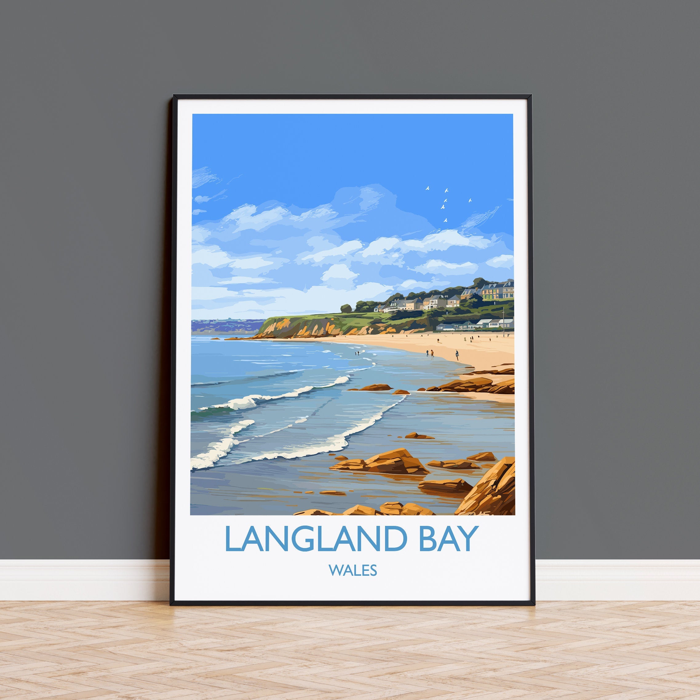 Langland Bay Travel Print Wall Art, Langland Bay Travel Poster, Mumbles Art Gift, Wales, Welsh Art Lovers Gift, Wall Art Print NQ Media Designs