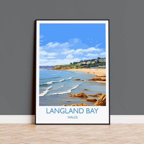 Langland Bay Travel Print Wall Art, Langland Bay Travel Poster, Mumbles Art Gift, Wales, Welsh Art Lovers Gift, Wall Art Print