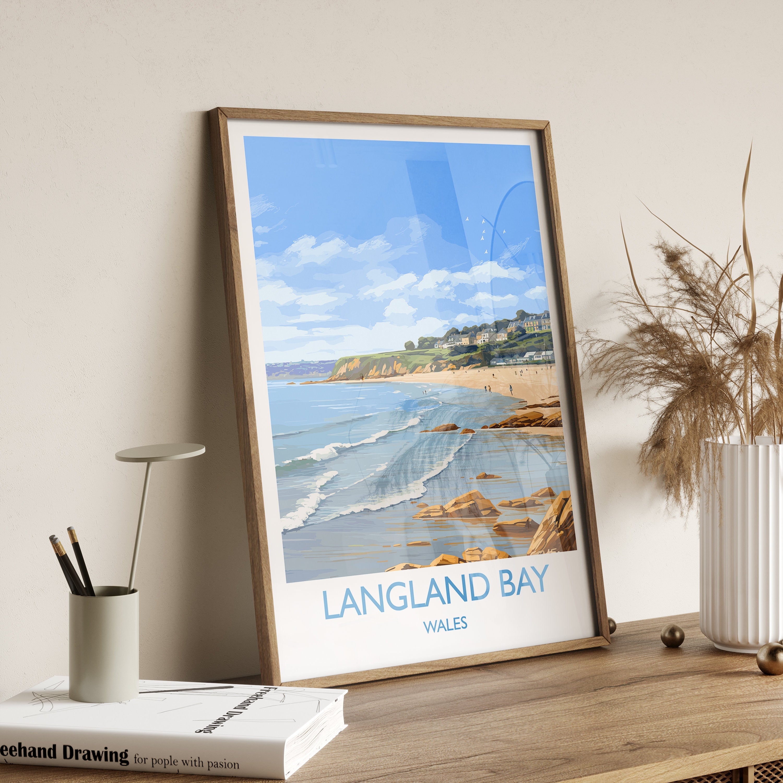 Langland Bay Travel Print Wall Art, Langland Bay Travel Poster, Mumbles Art Gift, Wales, Welsh Art Lovers Gift, Wall Art Print NQ Media Designs