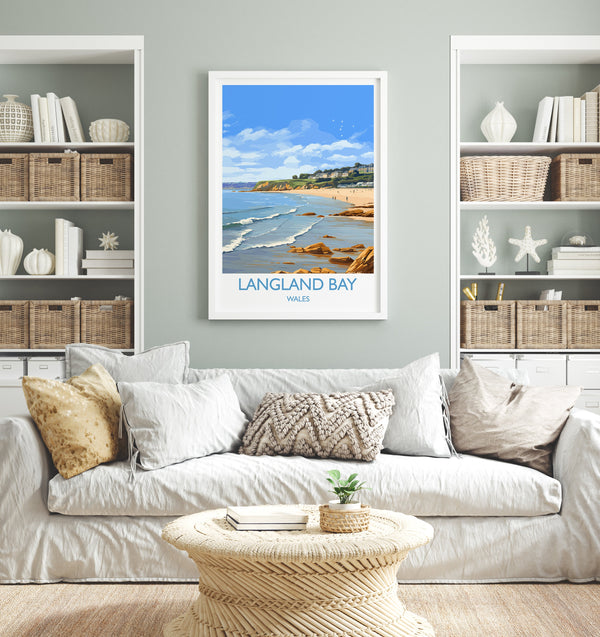 Langland Bay Travel Print Wall Art, Langland Bay Travel Poster, Mumbles Art Gift, Wales, Welsh Art Lovers Gift, Wall Art Print