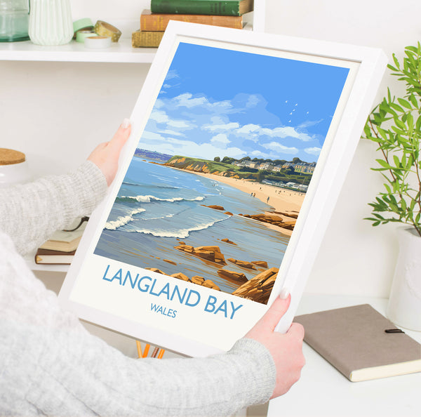 Langland Bay Travel Print Wall Art, Langland Bay Travel Poster, Mumbles Art Gift, Wales, Welsh Art Lovers Gift, Wall Art Print