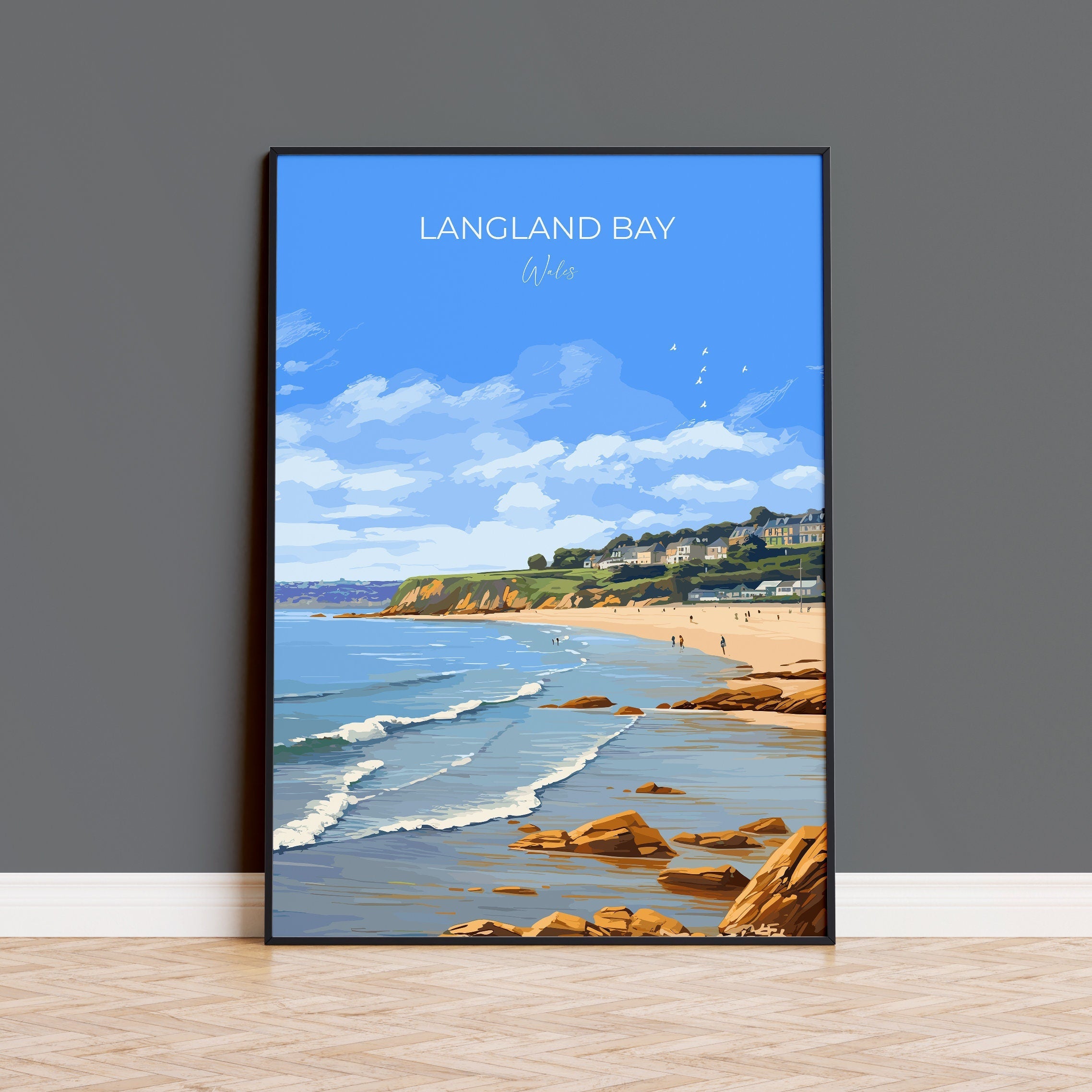 Langland Bay Travel Print Wall Art, Langland Bay Travel Poster, Mumbles Art Gift, Wales, Welsh Art Gift, Wall Art Print NQ Media Designs