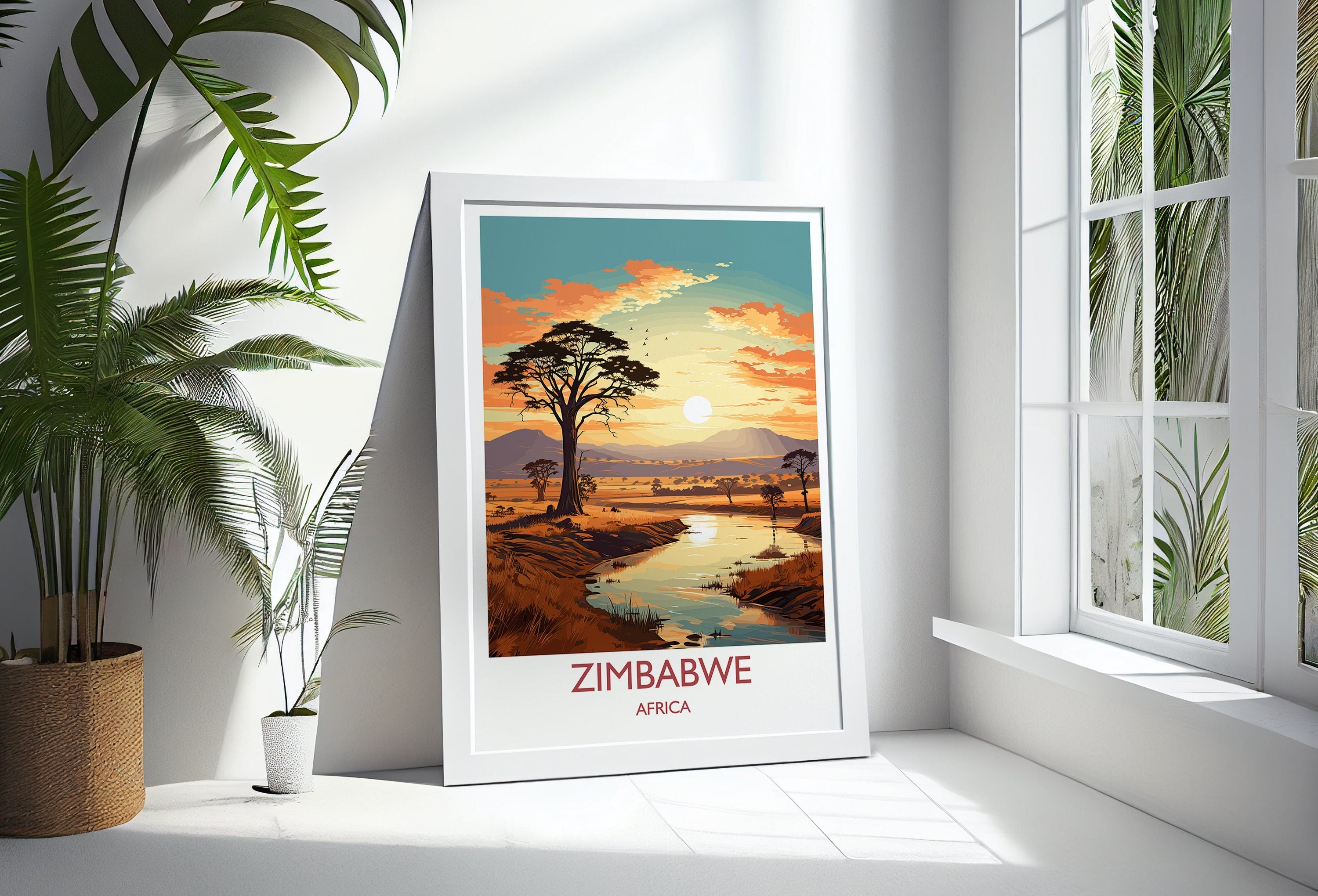Zimbabwe Travel Poster Wall Art, Travel Poster of Zimbabwe Sunset, Zimbabwe Gift, Zimbabwe Travel Art, Africa Art Lovers Gift, NQ Media Designs