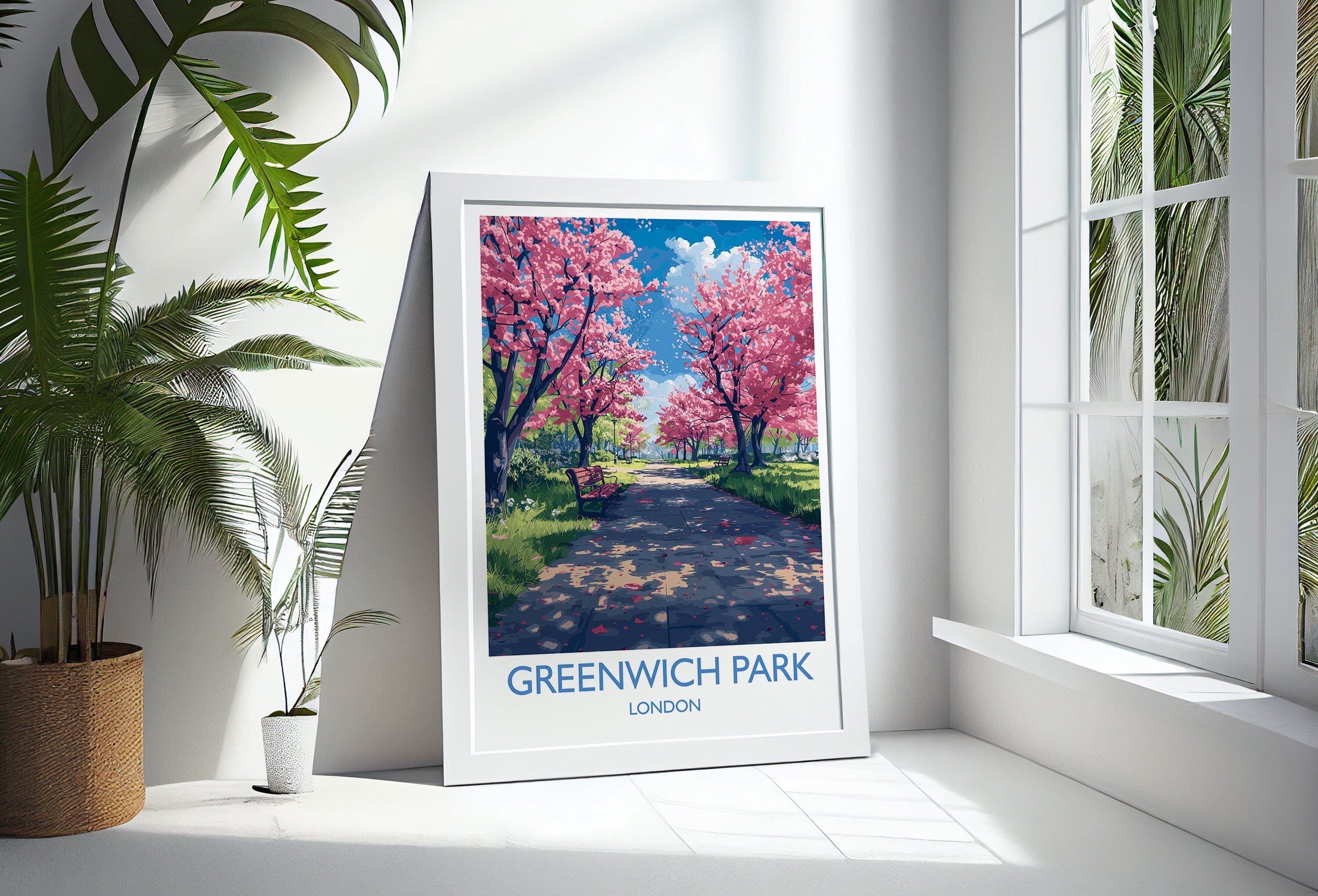 Greenwich Park Travel Poster Wall Art, Travel Print of Greenwich Park, Spring Blossom, Greenwich Park Art Gift, London Art Lovers Gift NQ Media Designs