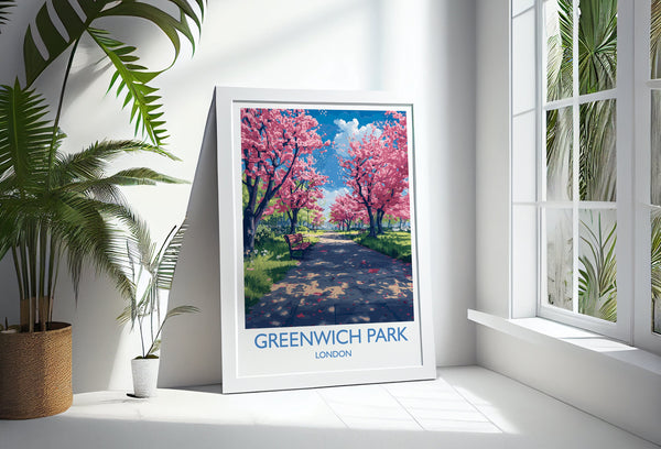 Greenwich Park Travel Poster Wall Art, Travel Print of Greenwich Park, Spring Blossom, Greenwich Park Art Gift, London Art Lovers Gift