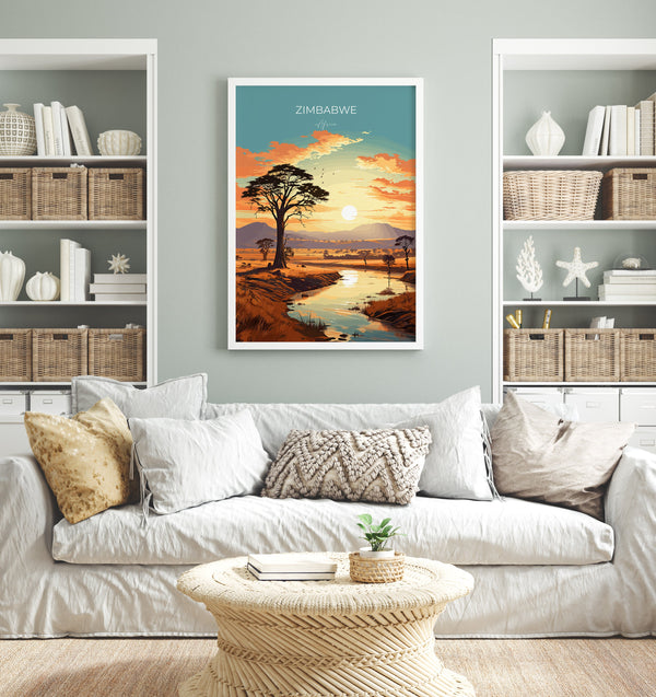 Zimbabwe Travel Poster Wall Art, Travel Poster of Zimbabwe Sunset, Zimbabwe Gift, Zimbabwe Travel Art, Africa Art Lovers Gift