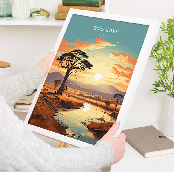 Zimbabwe Travel Poster Wall Art, Travel Poster of Zimbabwe Sunset, Zimbabwe Gift, Zimbabwe Travel Art, Africa Art Lovers Gift