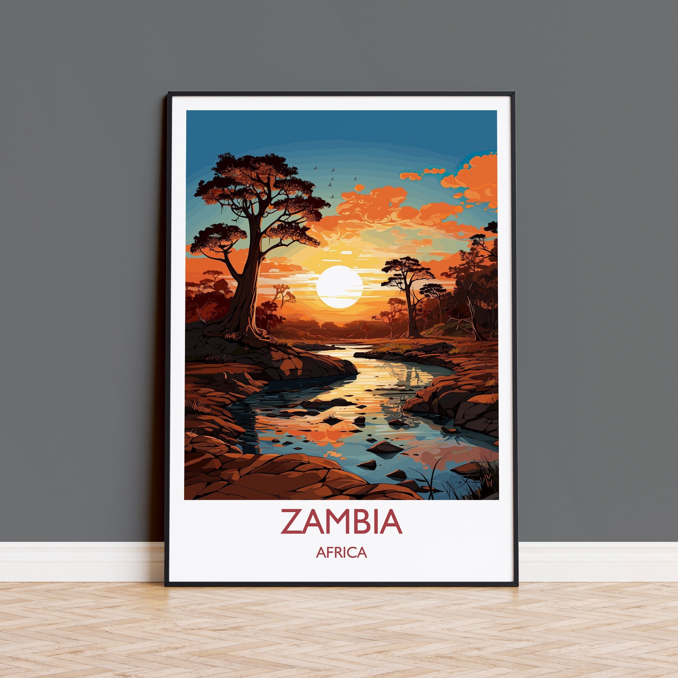 Zambia Travel Poster Wall Art, Travel Poster of Zambia Sunset, Zambia Gift, Zambia Travel Art, Africa Art Lovers Gift, NQ Media Designs