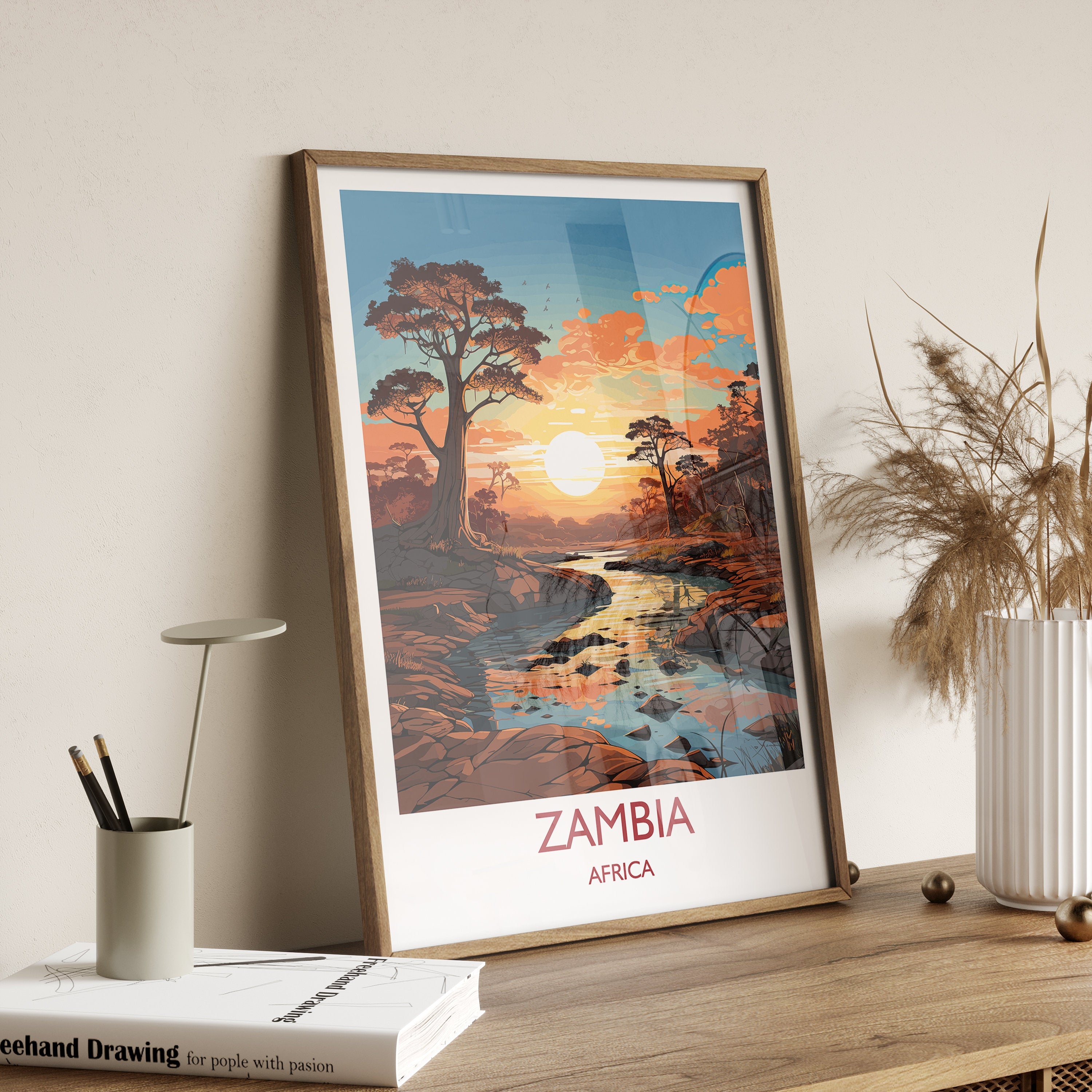 Zambia Travel Poster Wall Art, Travel Poster of Zambia Sunset, Zambia Gift, Zambia Travel Art, Africa Art Lovers Gift, NQ Media Designs