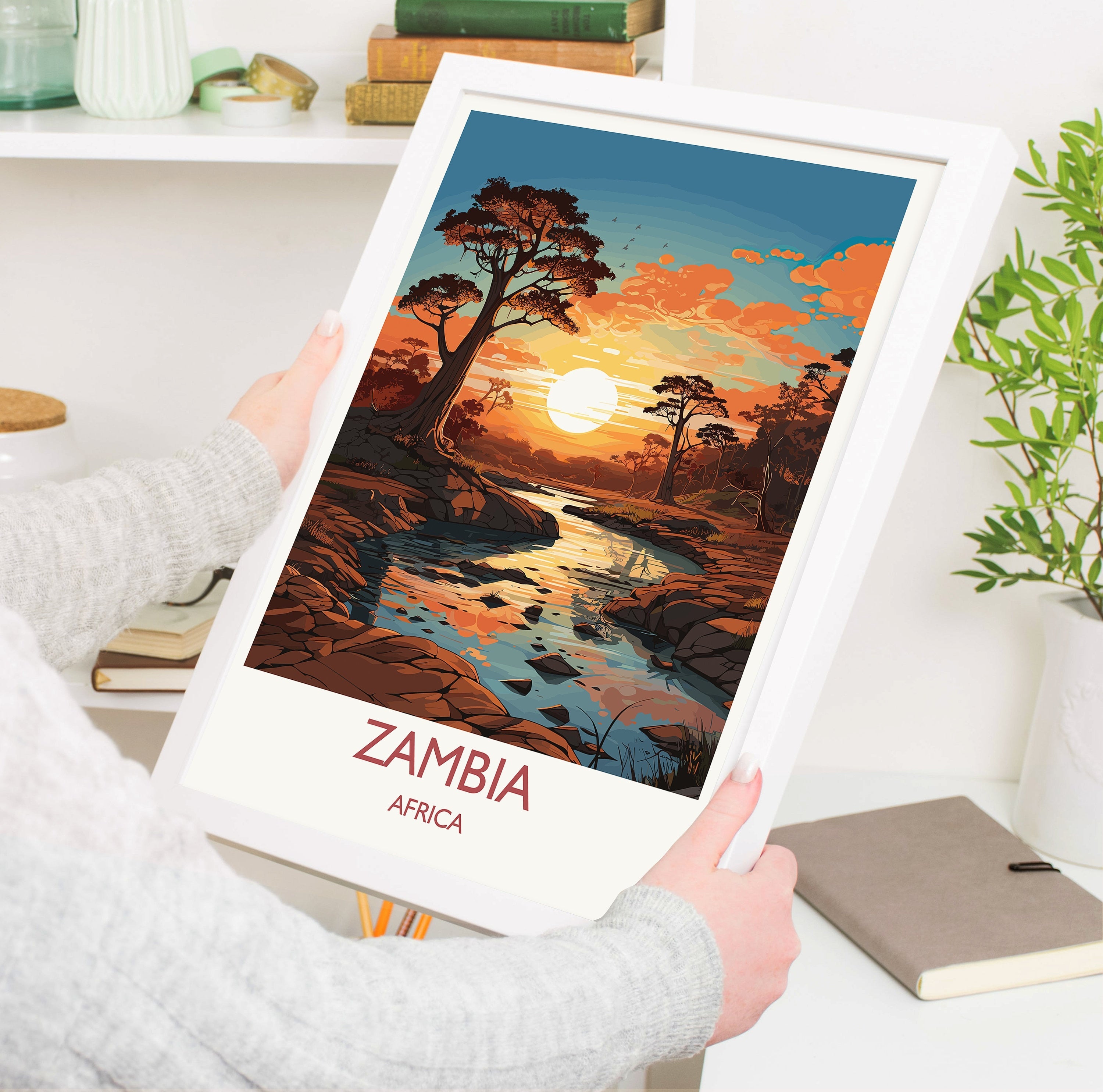 Zambia Travel Poster Wall Art, Travel Poster of Zambia Sunset, Zambia Gift, Zambia Travel Art, Africa Art Lovers Gift, NQ Media Designs
