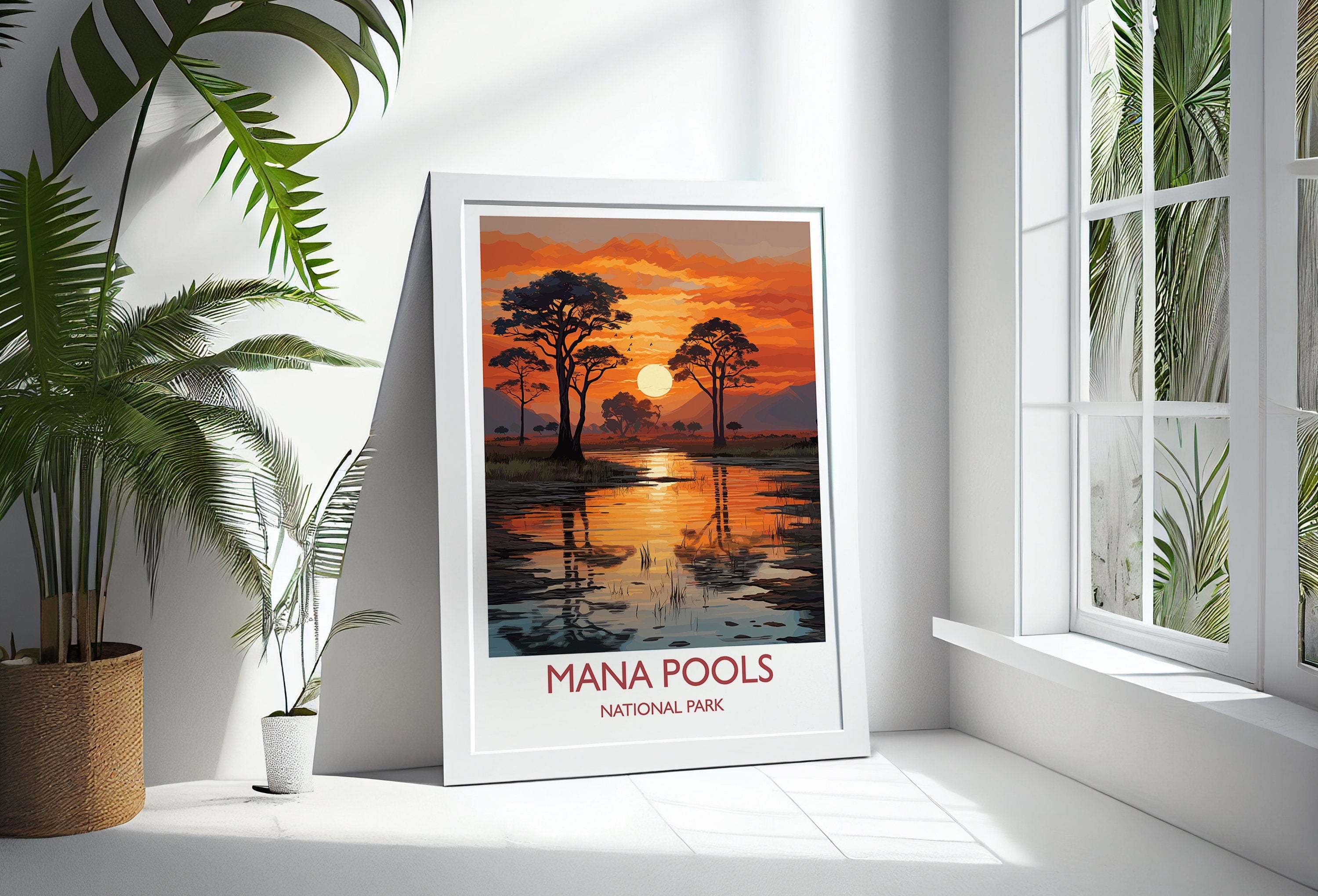 Mana Pools Travel Print Wall Art, Travel Poster of Mana Pools, Zimbabwe Gift, Mana Pools National Park Sunset Africa Art Gift NQ Media Designs