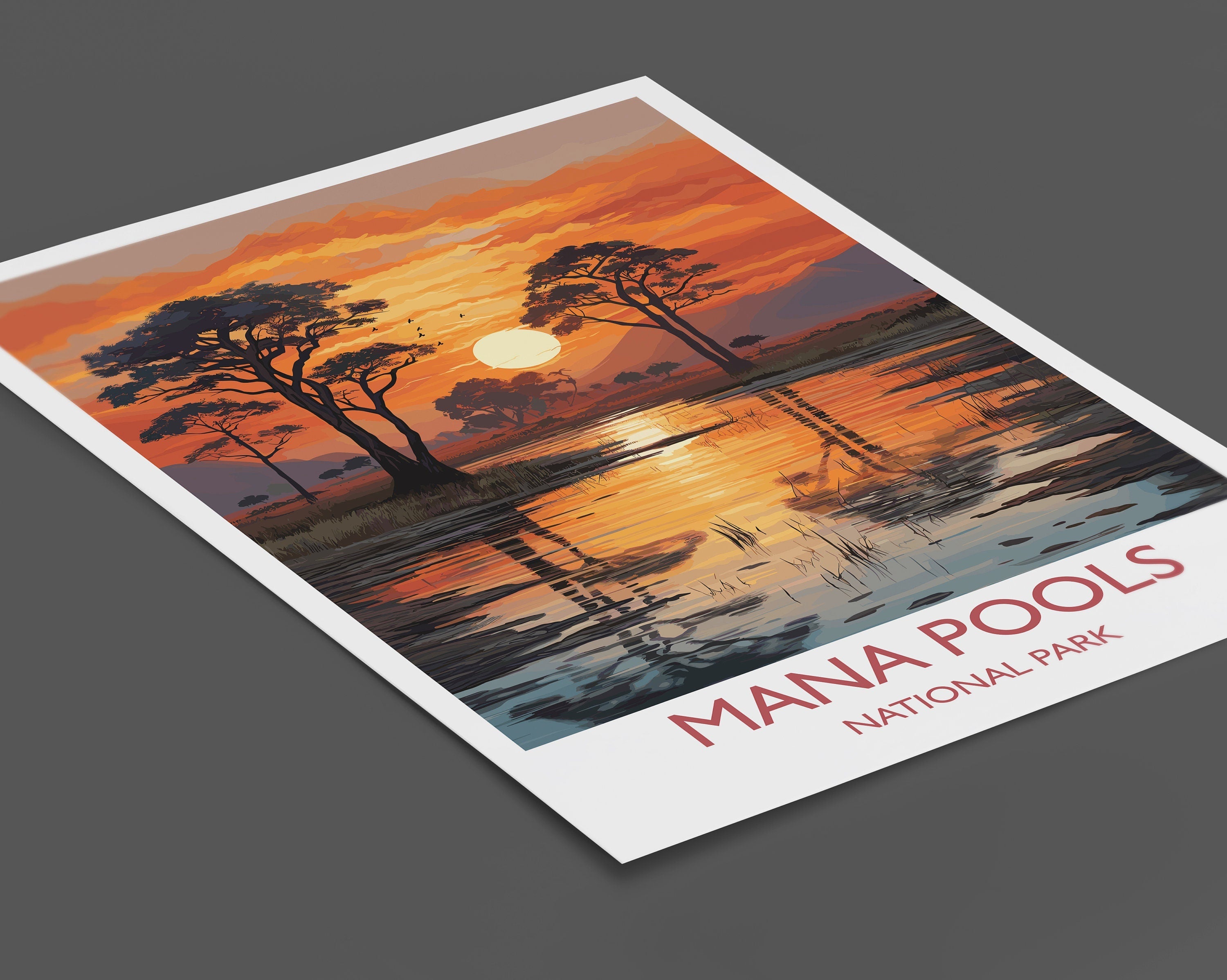 Mana Pools Travel Print Wall Art, Travel Poster of Mana Pools, Zimbabwe Gift, Mana Pools National Park Sunset Africa Art Gift NQ Media Designs