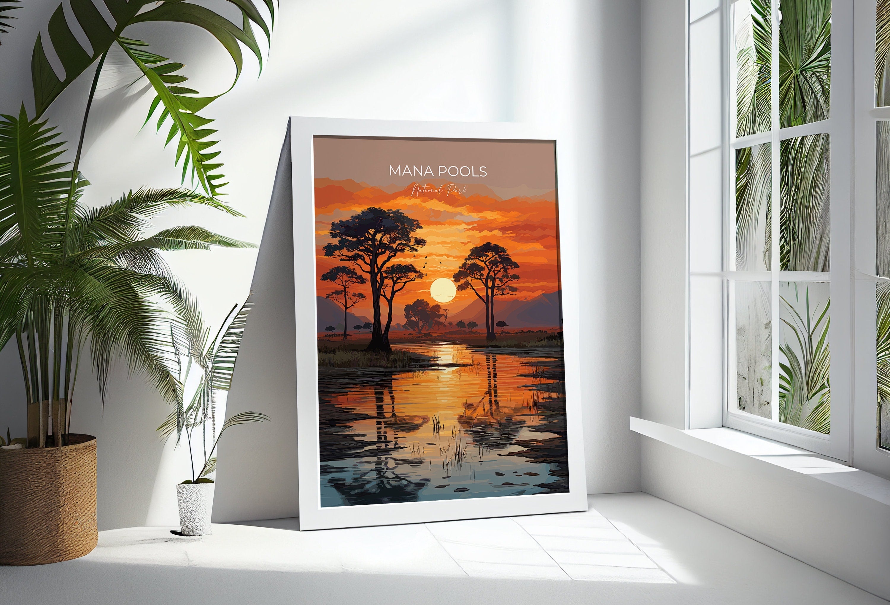 Mana Pools Travel Print Wall Art, Travel Poster of Mana Pools, Zimbabwe Gift, Mana Pools National Park Sunset Africa Art Gift NQ Media Designs