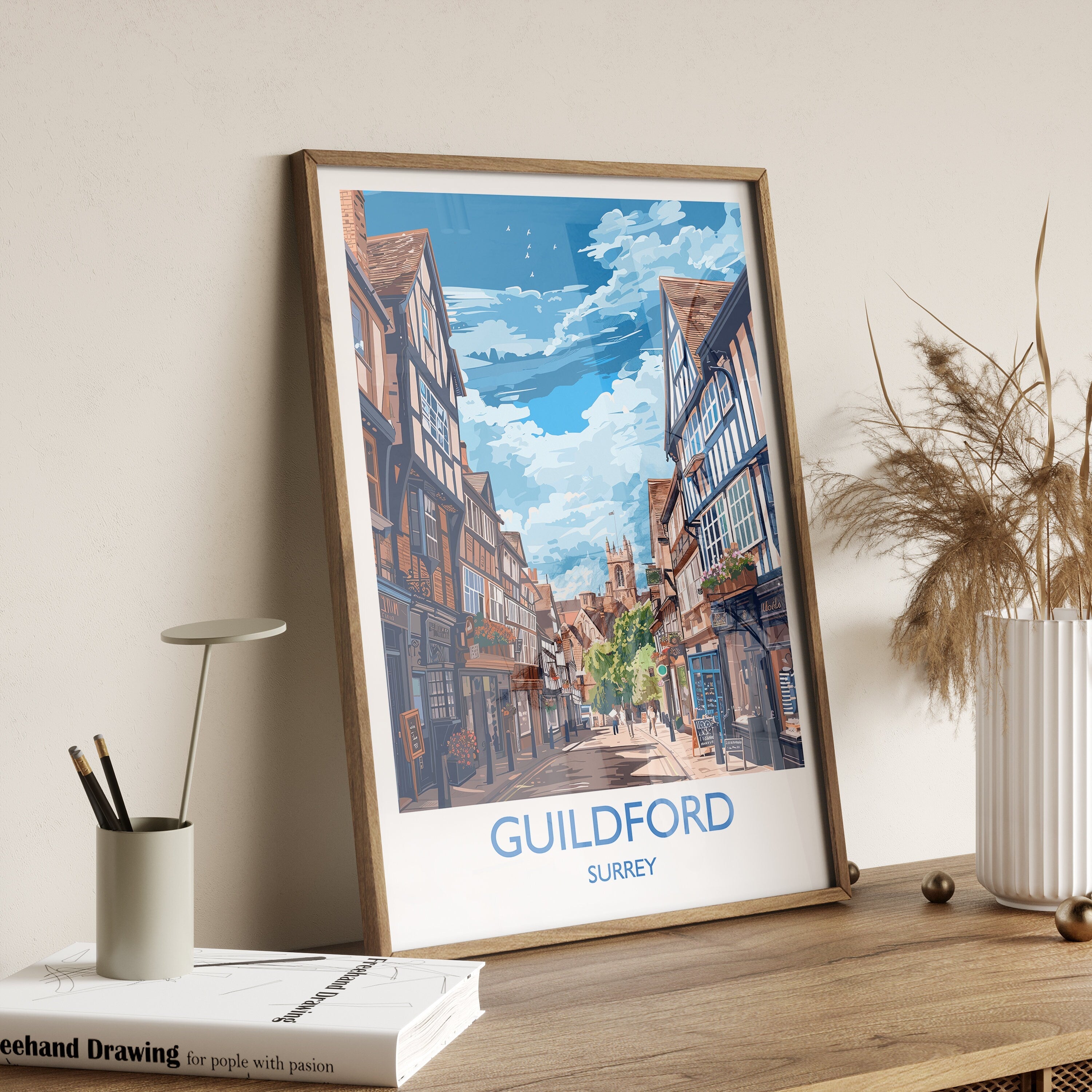 Guildford Travel Poster, Travel Print of Guildford, Surrey Poster, Guildford Art Gift, London Art Lovers UK Travel Gift NQ Media Designs