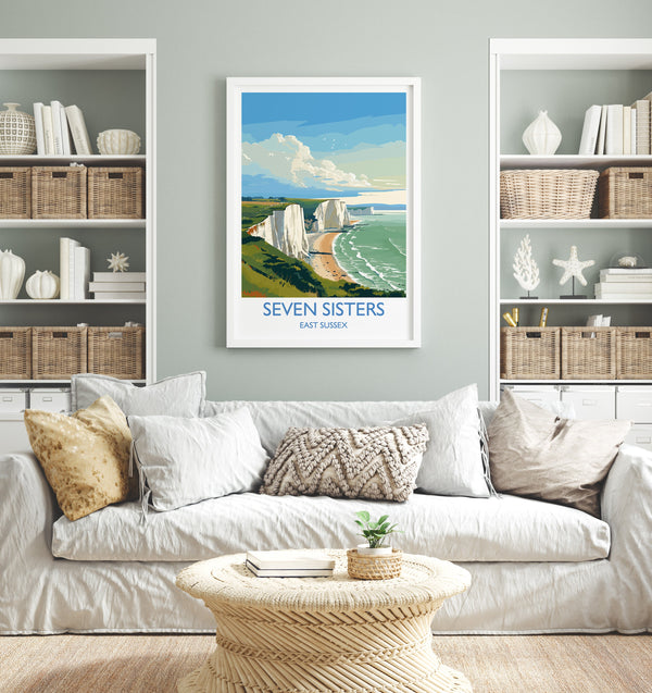 Seven Sisters Travel Poster Wall Art, Seven Sisters Travel Print, East Sussex, English Coastal Art, Seven Sisters Gift, Art Lovers Gift