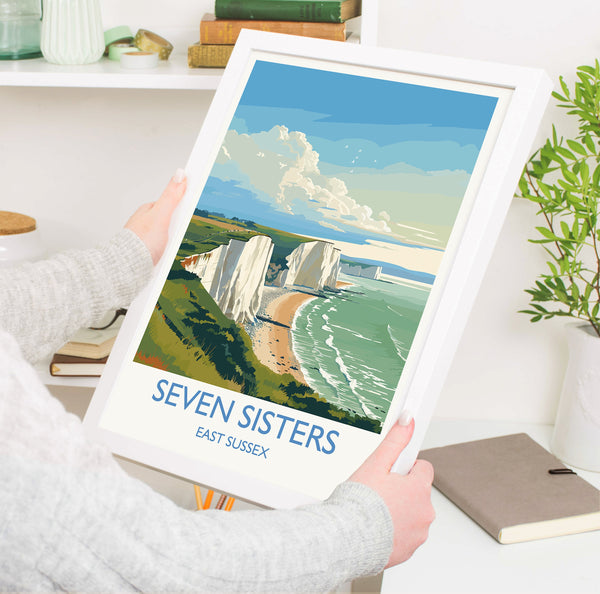 Seven Sisters Travel Poster Wall Art, Seven Sisters Travel Print, East Sussex, English Coastal Art, Seven Sisters Gift, Art Lovers Gift