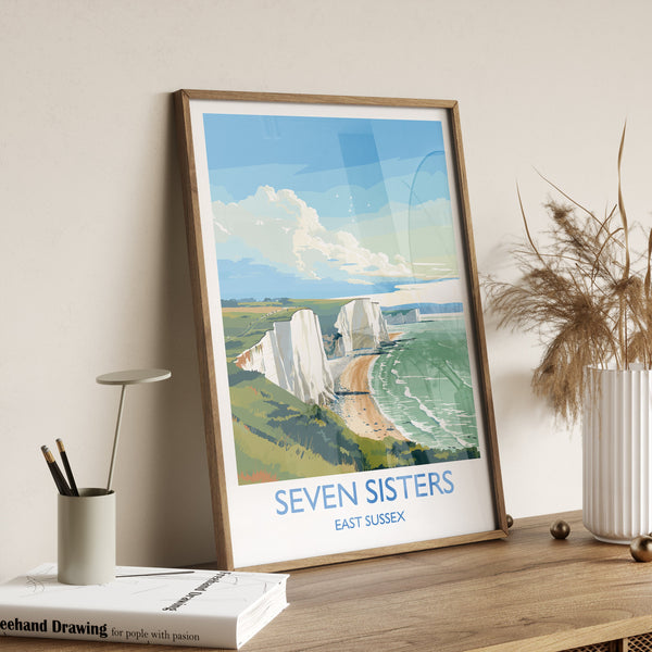 Seven Sisters Travel Poster Wall Art, Seven Sisters Travel Print, East Sussex, English Coastal Art, Seven Sisters Gift, Art Lovers Gift