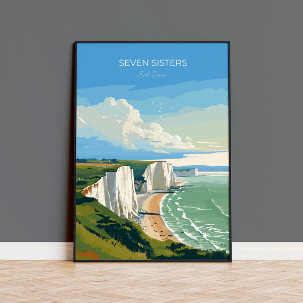 Seven Sisters Travel Poster Wall Art, Seven Sisters Travel Print, East Sussex, English Coastal Art, Seven Sisters Gift, Art Lovers Gift