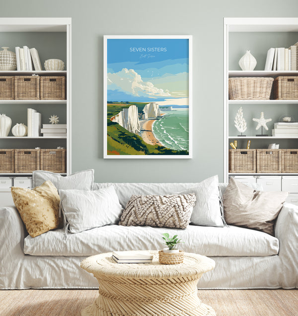 Seven Sisters Travel Poster Wall Art, Seven Sisters Travel Print, East Sussex, English Coastal Art, Seven Sisters Gift, Art Lovers Gift