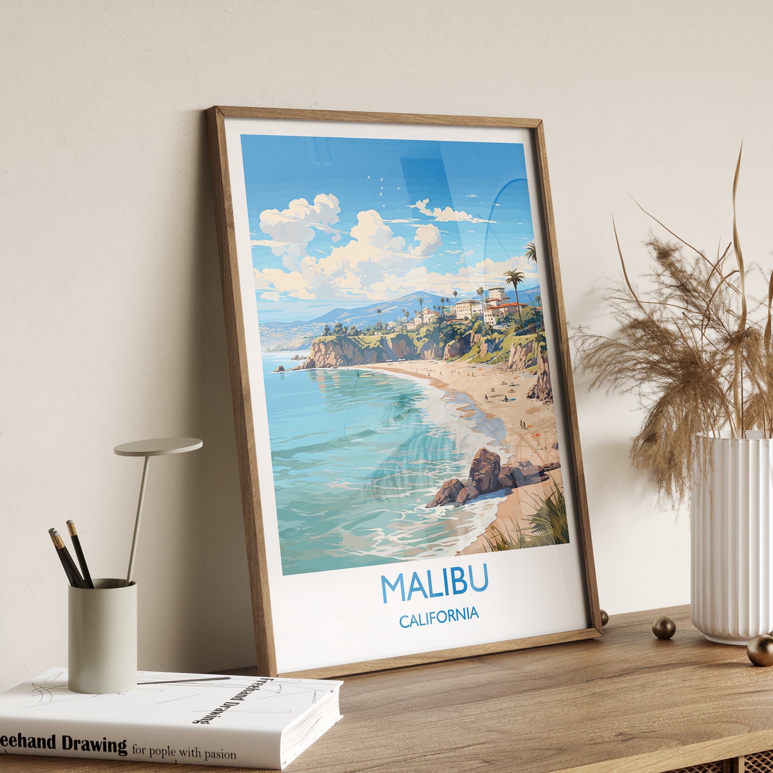 Malibu Travel Print, Travel Poster of Malibu, California, Malibu Art Lovers Gift, USA Gift, Wall Art Print NQ Media Designs