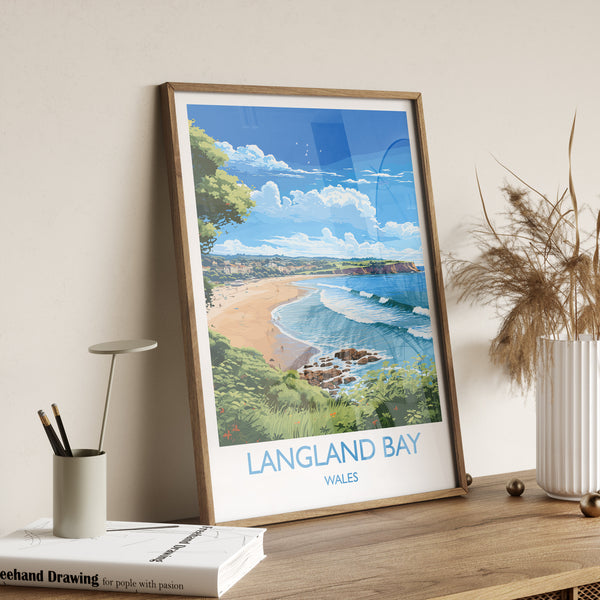 Langland Bay Travel Poster Wall Art, Langland Bay Travel Print, Mumbles Art Gift, Wales, Welsh Art Gift, Wall Art Print