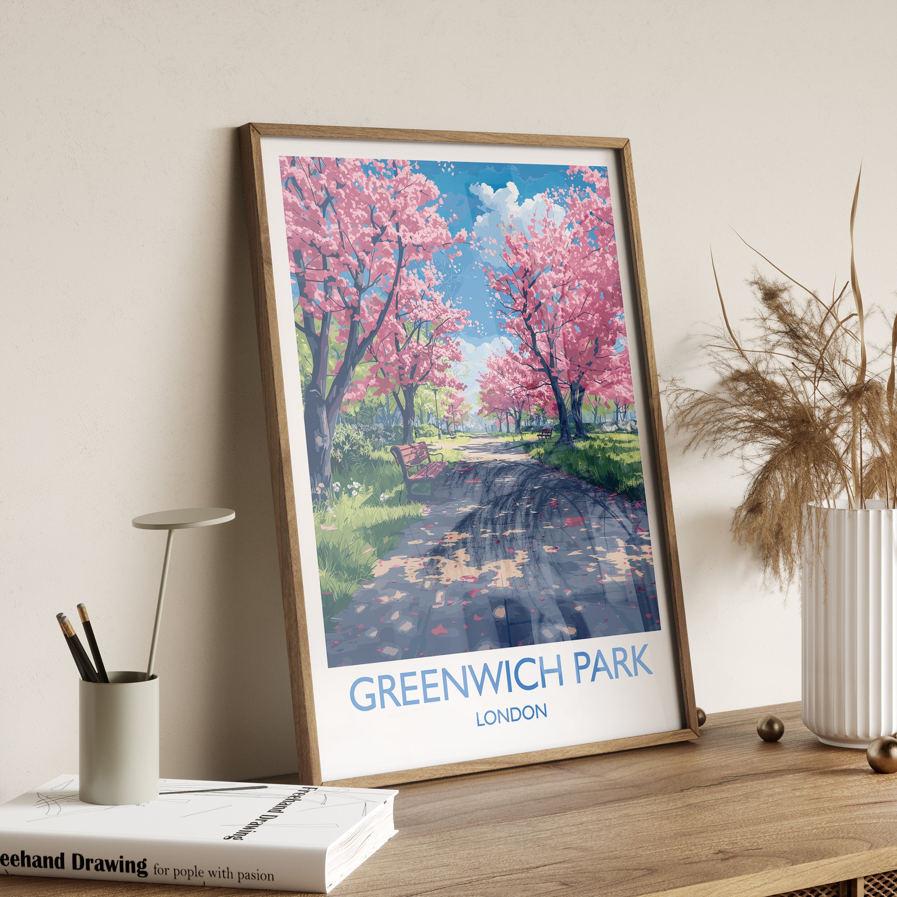 Greenwich Park Travel Poster Wall Art, Travel Print of Greenwich Park, Spring Blossom, Greenwich Park Art Gift, London Art Lovers Gift NQ Media Designs