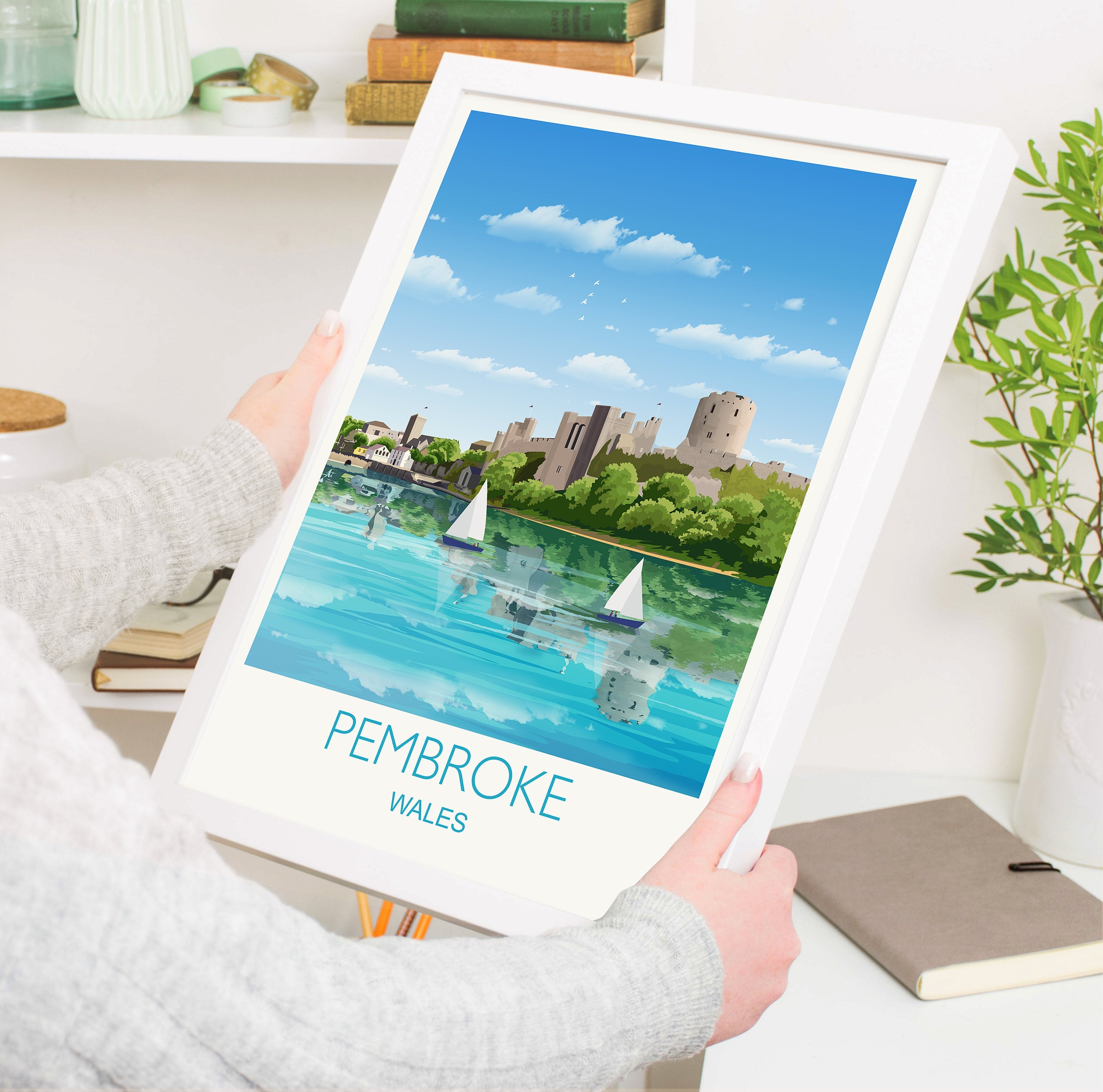 Pembroke Travel Print, Travel Poster of Pembroke, Wales, Pembrokeshire Art Gift, Wales Art Lovers Gift, Wall Art Print NQ Media Designs