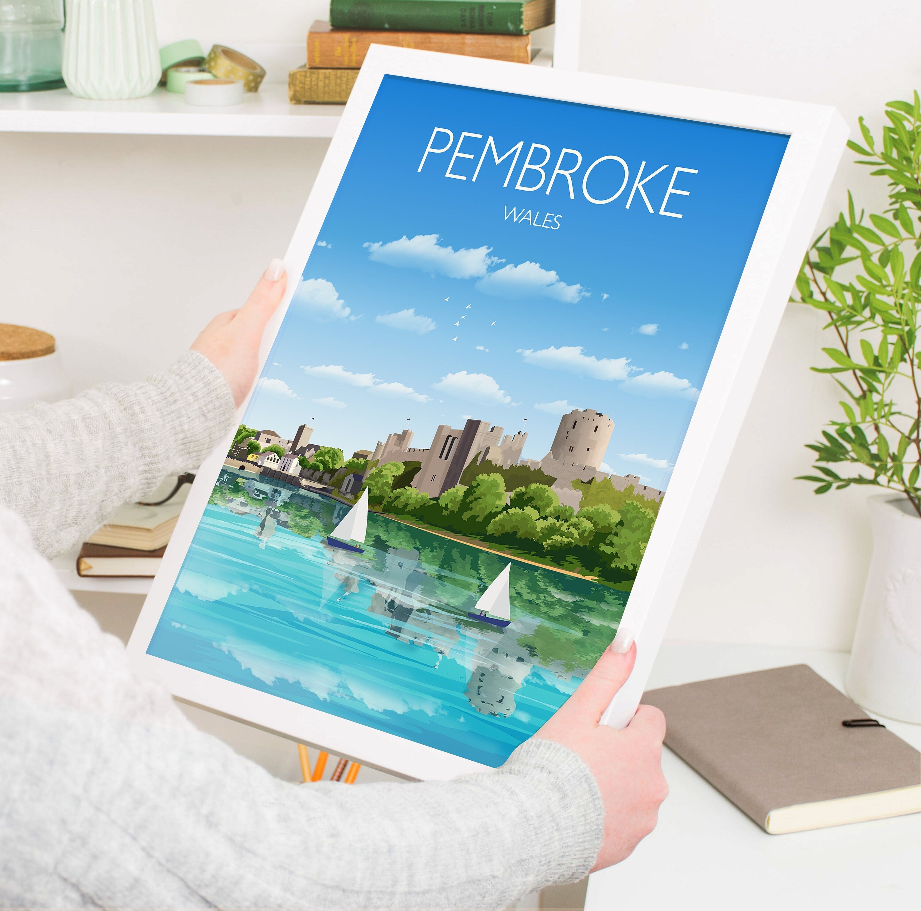 Pembroke Travel Print, Travel Poster of Pembroke, Wales, Pembrokeshire Art Gift, Wales Art Lovers Gift, Wall Art Print NQ Media Designs