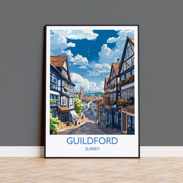 Guildford Travel Print, Travel Poster of Guildford, Surrey Poster, Guildford Art Gift, London Art Lovers UK Travel Gift