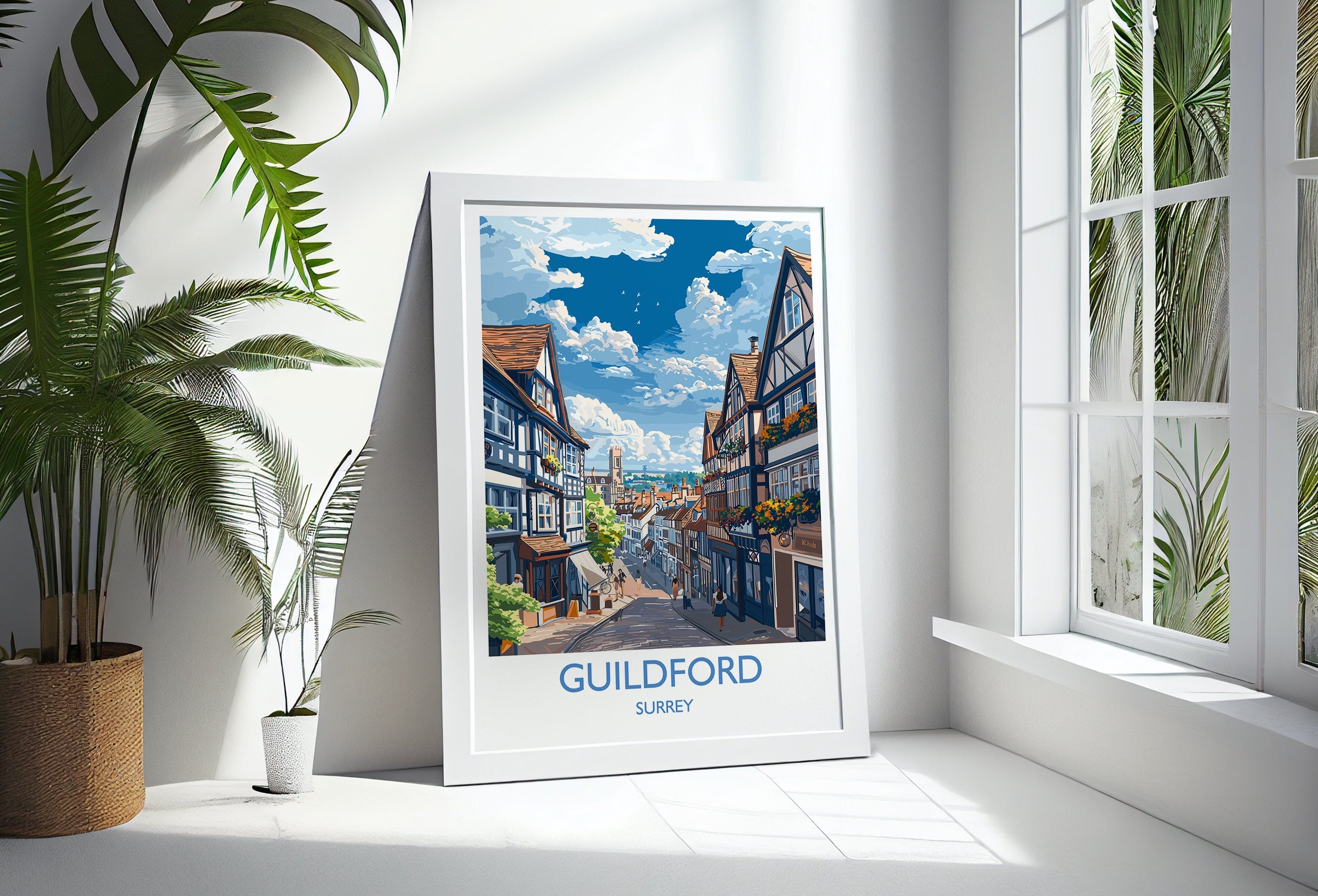 Guildford Travel Print, Travel Poster of Guildford, Surrey Poster, Guildford Art Gift, London Art Lovers UK Travel Gift NQ Media Designs